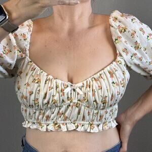 For Love & Lemons Lola Pointelle Crop Top Size L White Floral Short Puff Sleeve